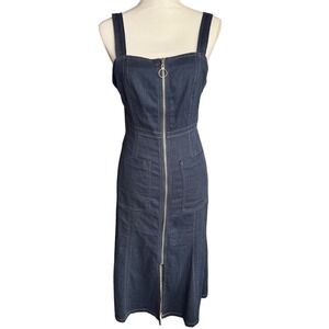 Luxe Cotton Linen Denim Zip Front Midi Dress Blue Indigo Contrast Stitch Medium